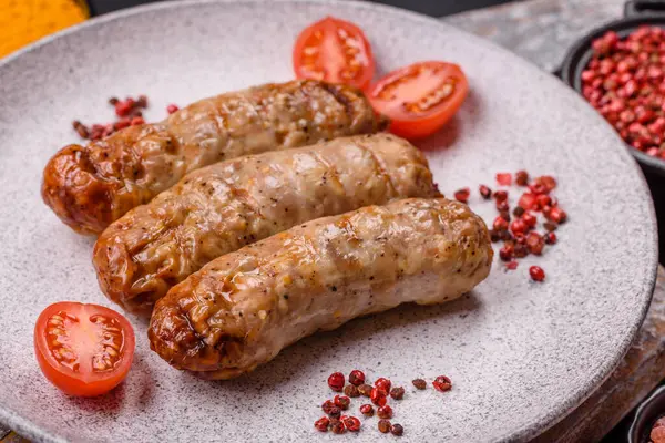 Koyu beton bir arka planda ızgarada tuzlu ve baharatlı sulu tavuk ya da domuz sosisi.
