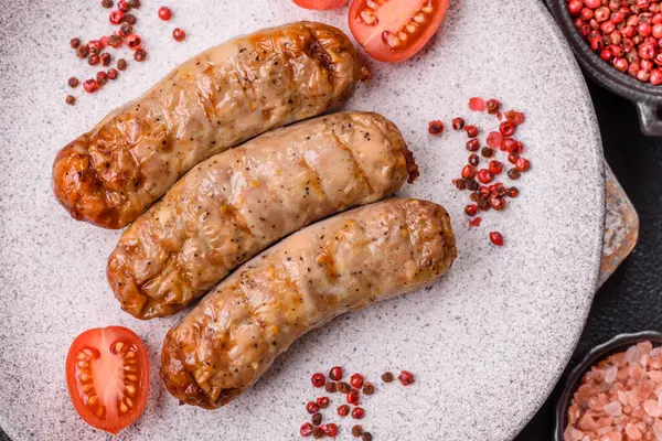 Koyu beton bir arka planda ızgarada tuzlu ve baharatlı sulu tavuk ya da domuz sosisi.