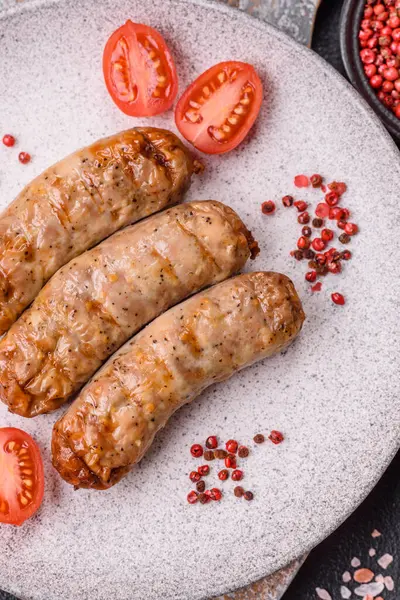 Koyu beton bir arka planda ızgarada tuzlu ve baharatlı sulu tavuk ya da domuz sosisi.