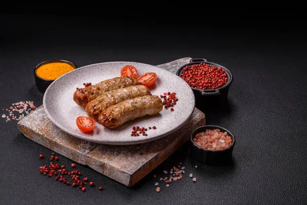 Koyu beton bir arka planda ızgarada tuzlu ve baharatlı sulu tavuk ya da domuz sosisi.