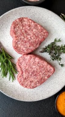 Tuzlu, baharatlı ve otlu kalp şeklinde çiğ biftek veya domuz burger köftesi.