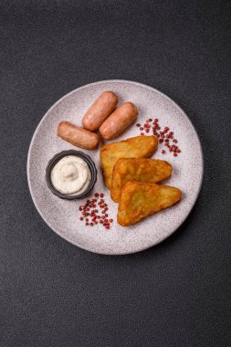 Koyu beton arka planda patates, soğan, tuz ve baharatlı mücver.