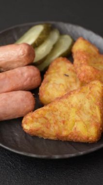 Koyu beton arka planda patates, soğan, tuz ve baharatlı mücver.