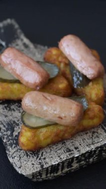 Koyu beton arka planda patates, soğan, tuz ve baharatlı mücver.
