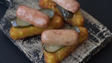 Koyu beton arka planda patates, soğan, tuz ve baharatlı mücver.