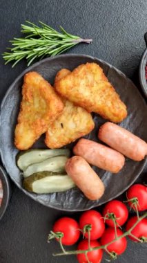 Koyu beton arka planda patates, soğan, tuz ve baharatlı mücver.