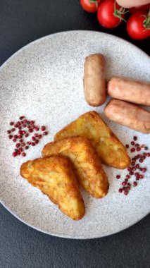 Koyu beton arka planda patates, soğan, tuz ve baharatlı mücver.