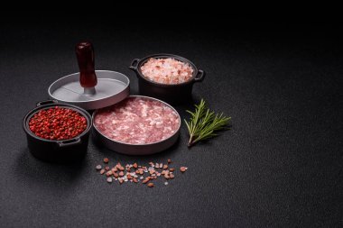 Koyu beton zeminde hamburgerler için kıyma yapmak için metal pres.