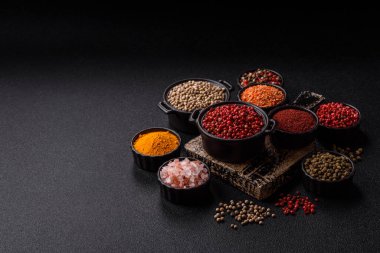 Baharat çeşitleri, tüm baharatlar, zerdeçal, paprika, koyu beton arka planda seramik kaselerde tuz.