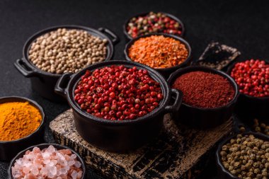 Baharat çeşitleri, tüm baharatlar, zerdeçal, paprika, koyu beton arka planda seramik kaselerde tuz.