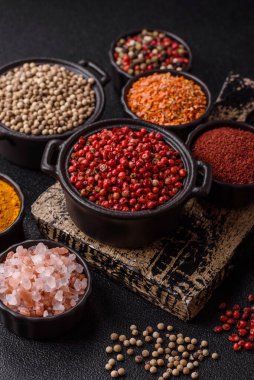 Baharat çeşitleri, tüm baharatlar, zerdeçal, paprika, koyu beton arka planda seramik kaselerde tuz.