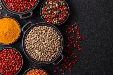 Baharat çeşitleri, tüm baharatlar, zerdeçal, paprika, koyu beton arka planda seramik kaselerde tuz.