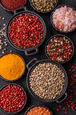 Baharat çeşitleri, tüm baharatlar, zerdeçal, paprika, koyu beton arka planda seramik kaselerde tuz.