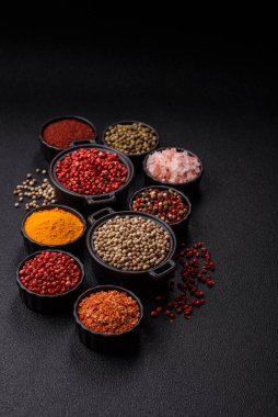 Baharat çeşitleri, tüm baharatlar, zerdeçal, paprika, koyu beton arka planda seramik kaselerde tuz.