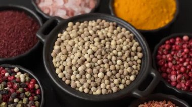 Baharat çeşitleri, tüm baharatlar, zerdeçal, paprika, koyu beton arka planda seramik kaselerde tuz.