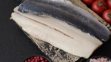 Ringa fileto tuzlu ve tuzlu, baharatlı ve yağlı koyu beton arka planda.