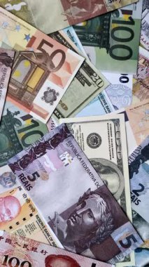 Brezilya vatandaşının uluslararası pasaportu farklı ülkelerin kağıt banknotlarının arka planında