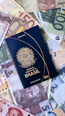 Brezilya vatandaşının uluslararası pasaportu farklı ülkelerin kağıt banknotlarının arka planında