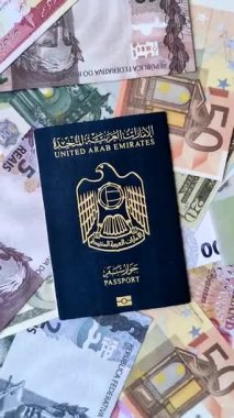 ABD vatandaşının uluslararası pasaportu, farklı ülkelerin kağıt banknotlarının arka planına karşıdır.