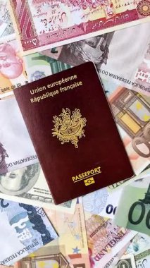 Fransız vatandaşının uluslararası pasaportu farklı ülkelerin kağıt banknotlarının arka planında