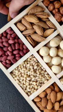 Ahşap bir kutunun içinde macadamia, çam, kaju, fındık, fıstık ve fıstık karışımı.
