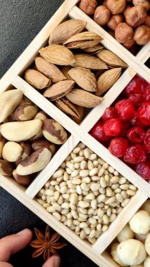 Ahşap bir kutunun içinde macadamia, çam, kaju, fındık, fıstık ve fıstık karışımı.
