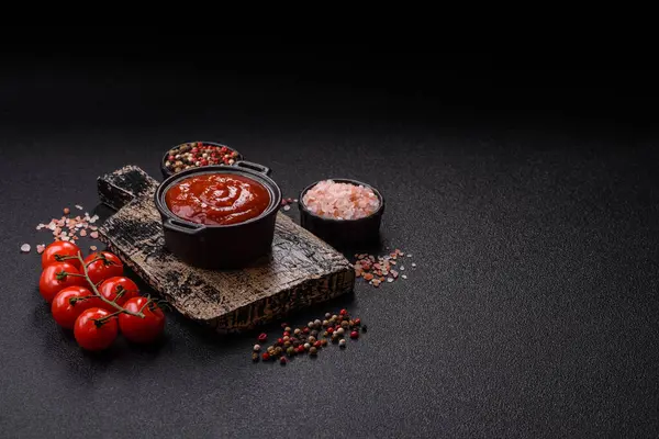 Koyu beton zemin üzerinde seramik sos teknesinde tuz ve baharatlı kırmızı sos ya da ketçap.