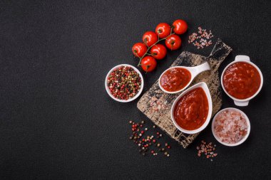 Koyu beton zemin üzerinde seramik sos teknesinde tuz ve baharatlı kırmızı sos ya da ketçap.