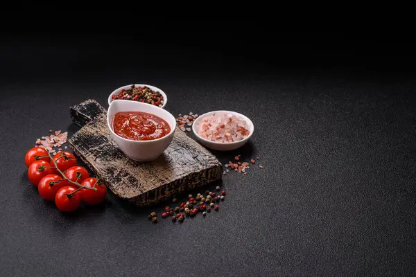 Koyu beton zemin üzerinde seramik sos teknesinde tuz ve baharatlı kırmızı sos ya da ketçap.