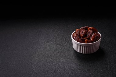 Kurutulmuş tropikal tarih meyvesi taze organik diyet gıdaları için bir malzeme olarak kullanılır. Vegan, vejetaryen yemeği