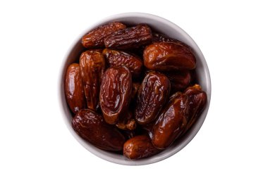 Kurutulmuş tropikal tarih meyvesi taze organik diyet gıdaları için bir malzeme olarak kullanılır. Vegan, vejetaryen yemeği