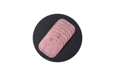 Tatil masası için jambon ve domuz eti yiyorum. Kahvaltı için dilimlenmiş jambon.