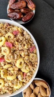 Gevrek, çikolata topları ve sağlıklı bir kahvaltı için kurutulmuş meyve. Çikolatalı granola.