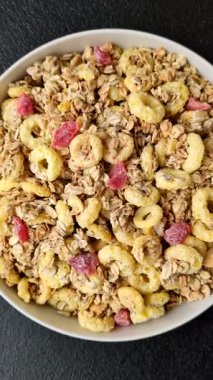 Gevrek, çikolata topları ve sağlıklı bir kahvaltı için kurutulmuş meyve. Çikolatalı granola.