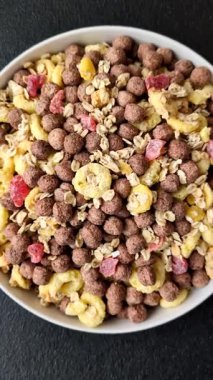 Gevrek, çikolata topları ve sağlıklı bir kahvaltı için kurutulmuş meyve. Çikolatalı granola.