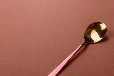 Tek renkli kahverengi arka planda boş metal kaşık. Yemek masasındaki çatal bıçak takımı.