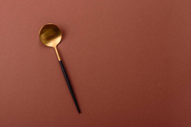 Tek renkli kahverengi arka planda boş metal kaşık. Yemek masasındaki çatal bıçak takımı.