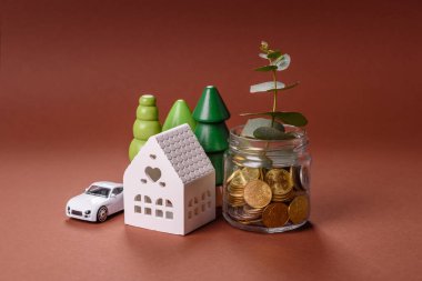 Tasarruf ve mali yatırım kavramı olarak bir kavanozda madeni para ve bitki. Parayla dolu cam bir kavanozda yeşil dal