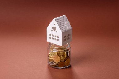 Tasarruf ve mali yatırım kavramı olarak bir kavanozda madeni para ve bitki. Parayla dolu cam bir kavanozda yeşil dal