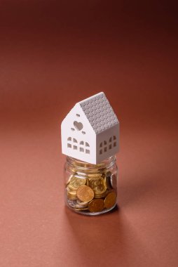 Tasarruf ve mali yatırım kavramı olarak bir kavanozda madeni para ve bitki. Parayla dolu cam bir kavanozda yeşil dal