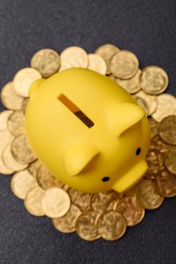 Piggy Bank madeni bir kavramsal arka plan olarak madeni paralar, iş yapmak, para biriktirmek, vergi ödemek ve borçları ödemek