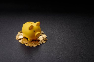 Piggy Bank madeni bir kavramsal arka plan olarak madeni paralar, iş yapmak, para biriktirmek, vergi ödemek ve borçları ödemek