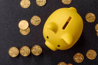 Piggy Bank madeni bir kavramsal arka plan olarak madeni paralar, iş yapmak, para biriktirmek, vergi ödemek ve borçları ödemek