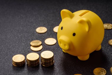 Piggy Bank madeni bir kavramsal arka plan olarak madeni paralar, iş yapmak, para biriktirmek, vergi ödemek ve borçları ödemek