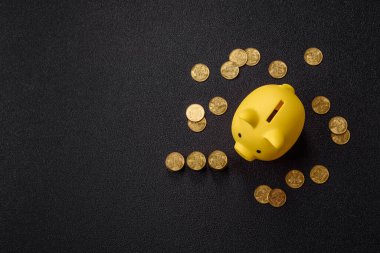 Piggy Bank madeni bir kavramsal arka plan olarak madeni paralar, iş yapmak, para biriktirmek, vergi ödemek ve borçları ödemek