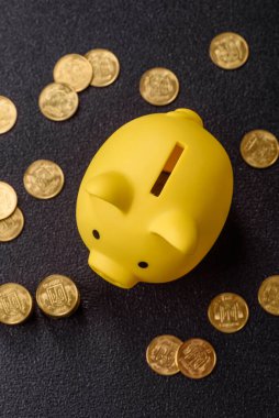 Piggy Bank madeni bir kavramsal arka plan olarak madeni paralar, iş yapmak, para biriktirmek, vergi ödemek ve borçları ödemek
