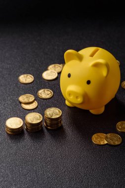 Piggy Bank madeni bir kavramsal arka plan olarak madeni paralar, iş yapmak, para biriktirmek, vergi ödemek ve borçları ödemek