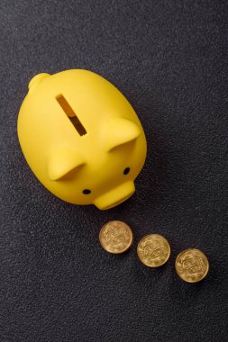 Piggy Bank madeni bir kavramsal arka plan olarak madeni paralar, iş yapmak, para biriktirmek, vergi ödemek ve borçları ödemek