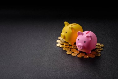 Piggy Bank madeni bir kavramsal arka plan olarak madeni paralar, iş yapmak, para biriktirmek, vergi ödemek ve borçları ödemek