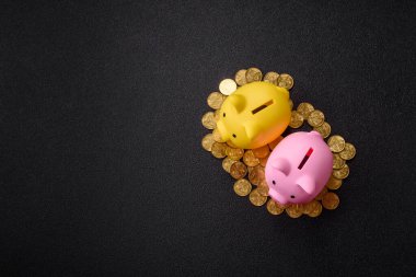 Piggy Bank madeni bir kavramsal arka plan olarak madeni paralar, iş yapmak, para biriktirmek, vergi ödemek ve borçları ödemek